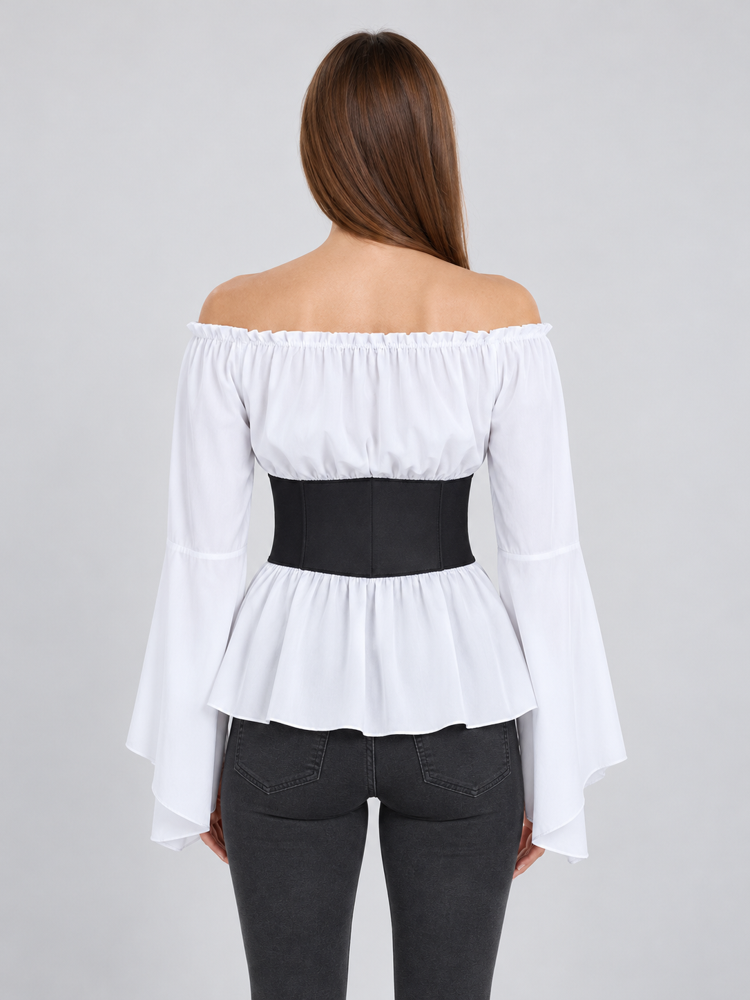 White Blouse with Black Corset Belt in Pirate Style