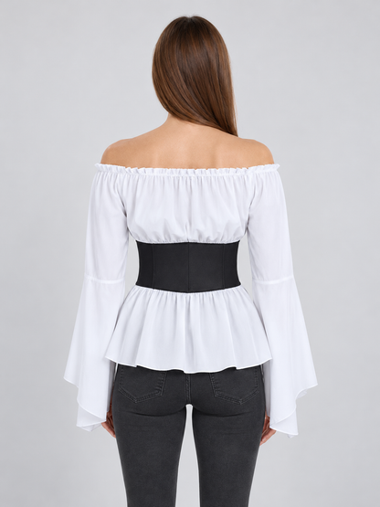White Blouse with Black Corset Belt in Pirate Style