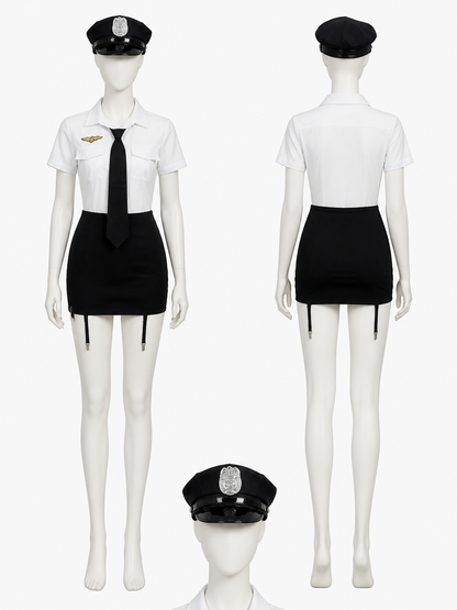 Women's Police Officer Costume Set, White Shirt and Black Skirt with Badge back view
