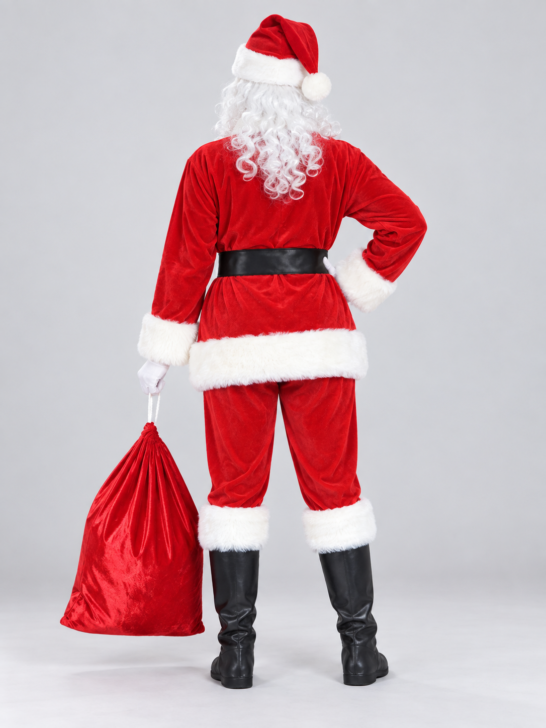 Red Santa Claus costume with white trim back view