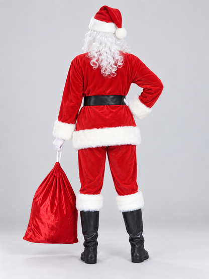 Red Santa Claus costume with white trim back view