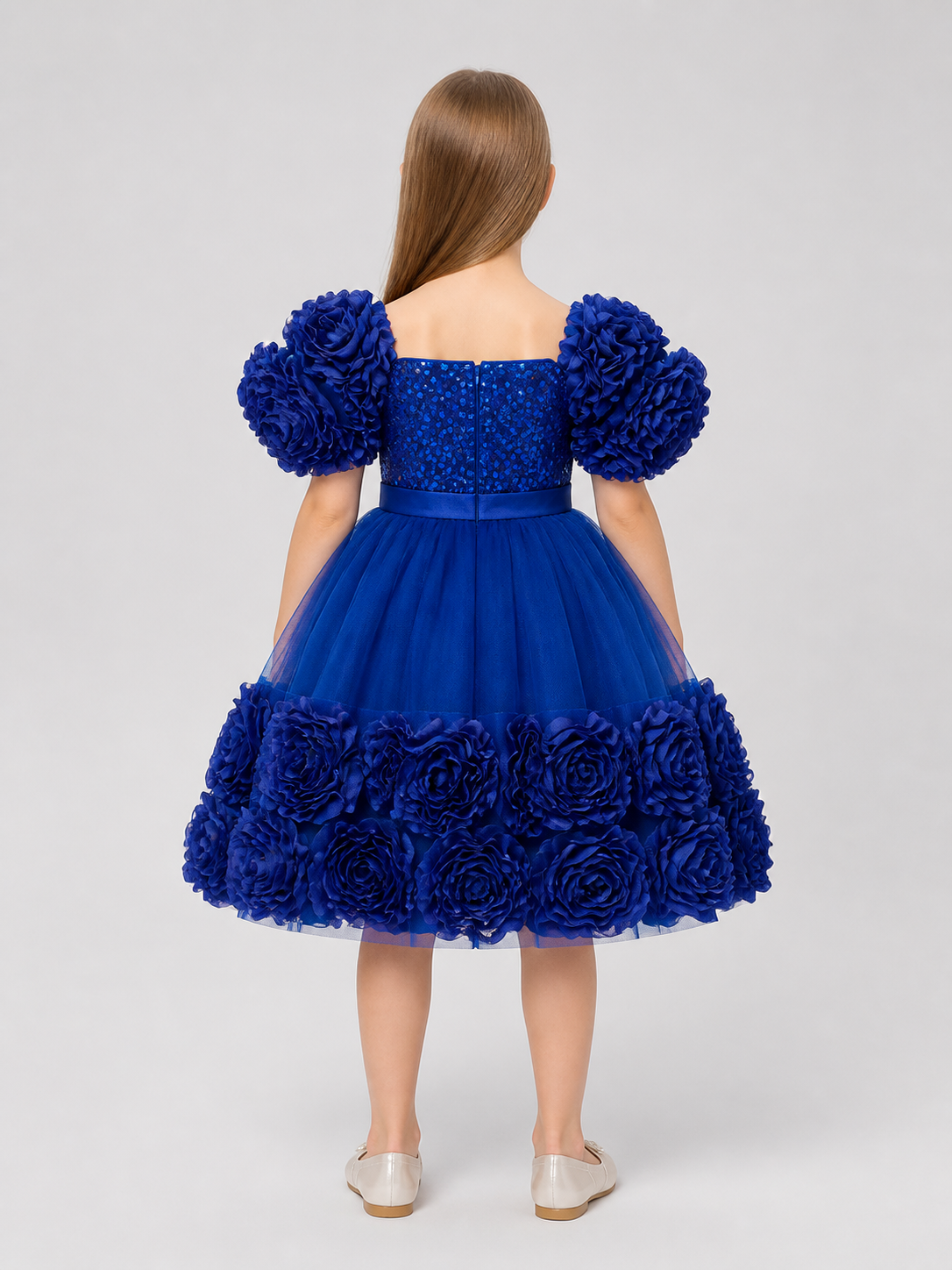Girls' Puffy Sequin Princess Dress with Bow back view
