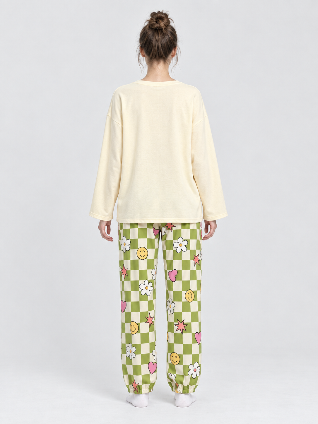 Pajama Set with Cartoon Print and Plaid Pants