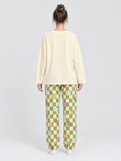 Pajama Set with Cartoon Print and Plaid Pants