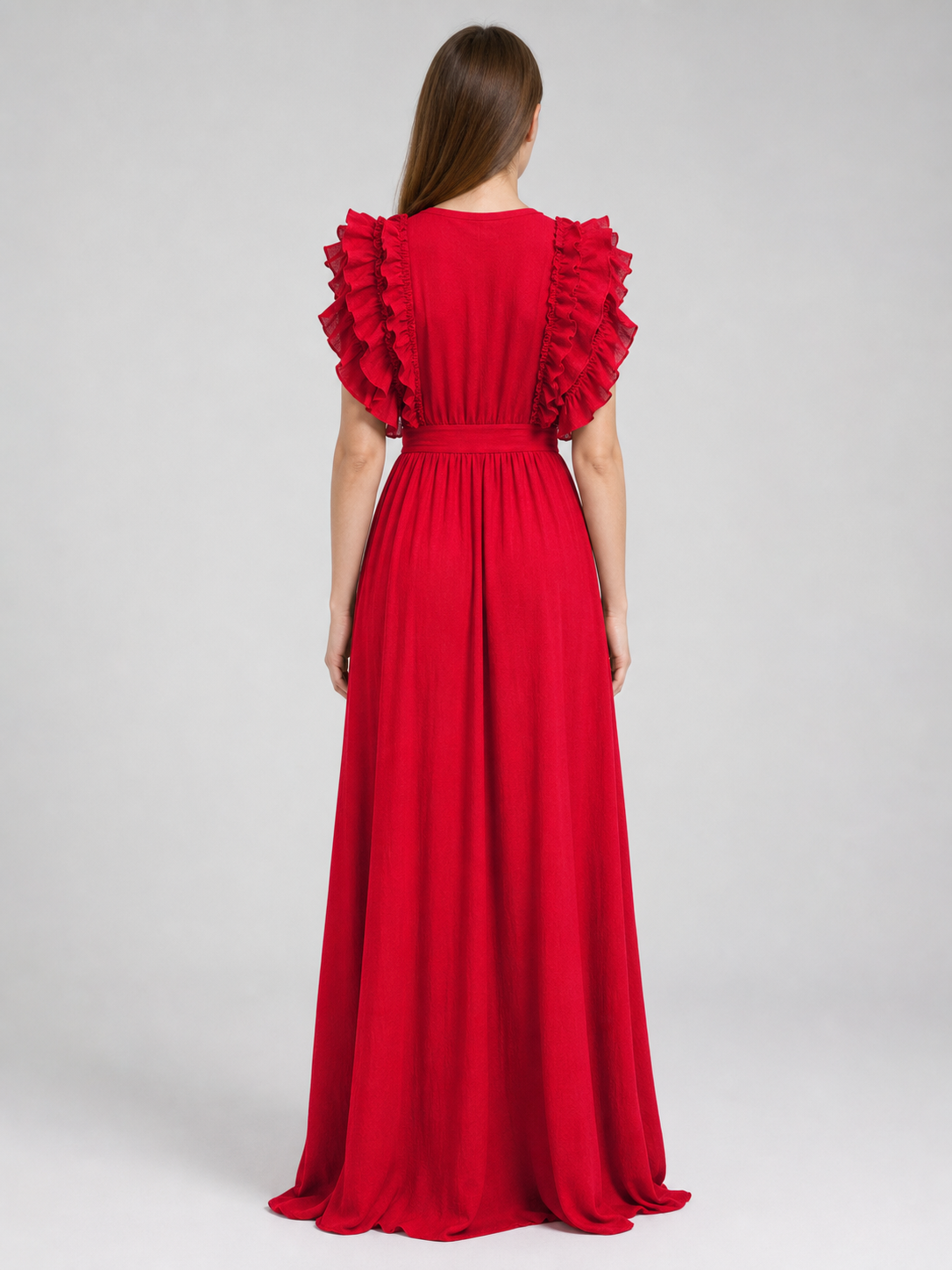 Floor-Length Ruffled Dress with a Deep V-Neckline