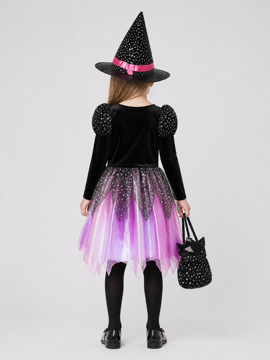 Children's Witch Costume with Full Skirt and Star-Patterned Hat back view