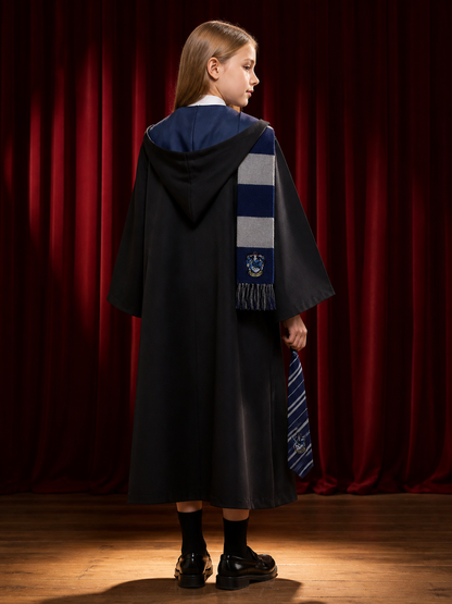 Hooded Wizard Robe Costume Set With Tie and Scarf, Black Cloak back view