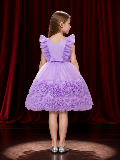 Girls' Light Purple Princess Party Dress with Layered Organza Skirt, Ruffle back view