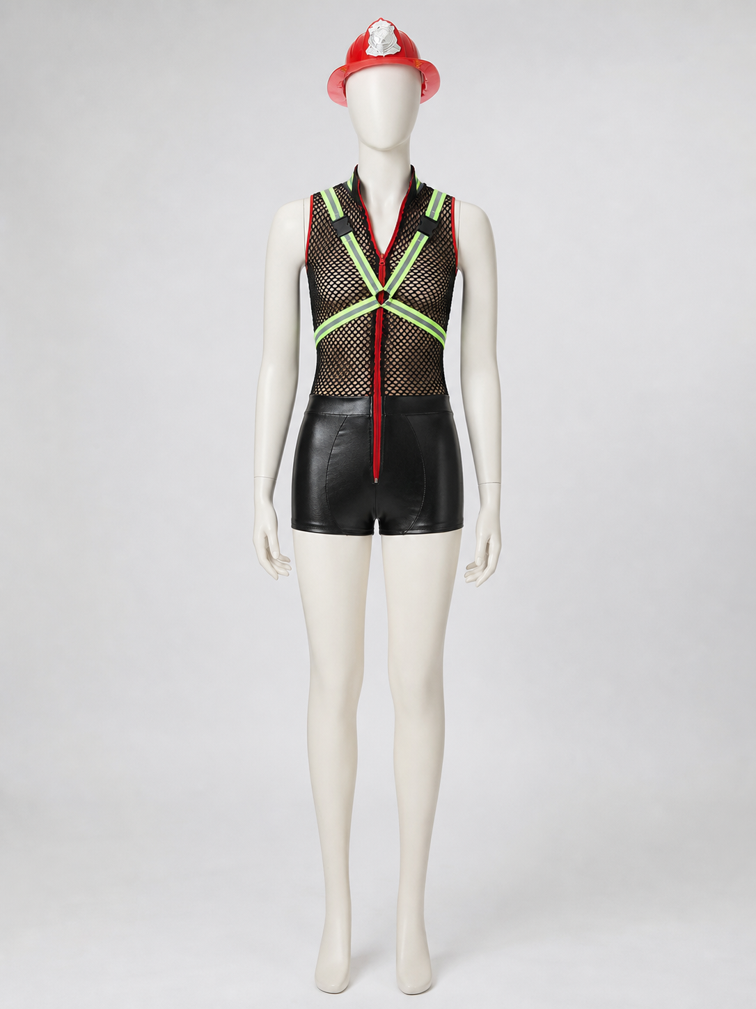 This one-piece romper is designed in the style of a costume for themed parties and cosplay looks. It features a sleeveless, open design, a black mesh upper section with a noticeable texture, and black shorts on the lower section. A red zipp