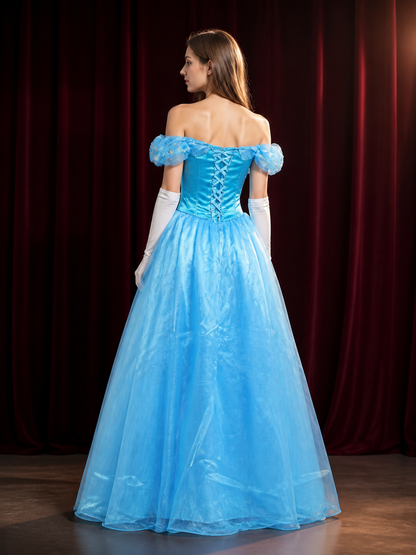 Women's Blue Princess Dress Costume, Off-Shoulder Puff Sleeve Ball Gown for back view