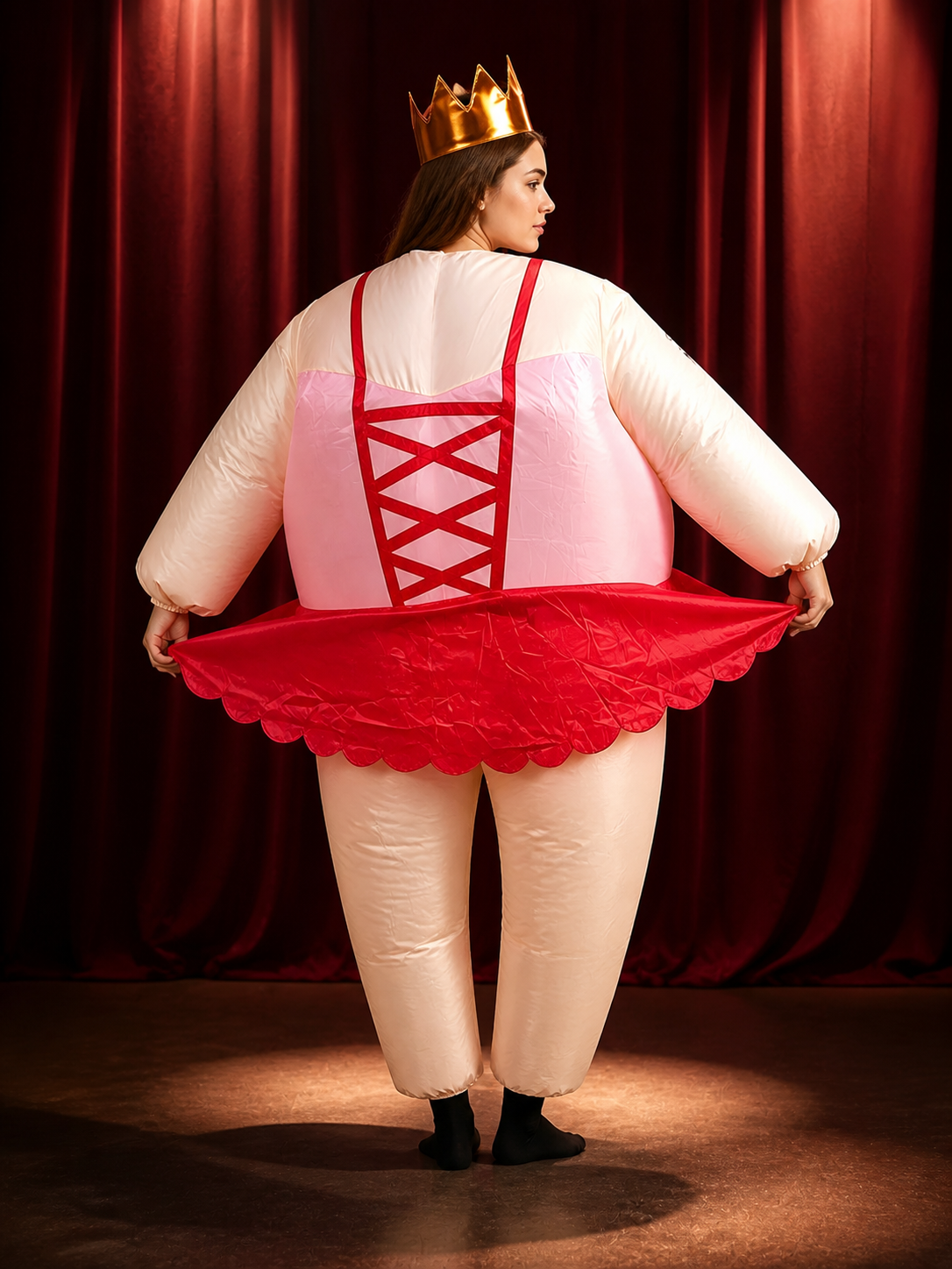 Unisex Red & White Criss-Cross Bodice Costume Set with Crown and Wavy Skirt back view