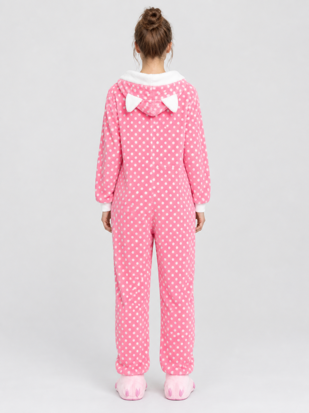Pink Pajama Jumpsuit with White Polka Dots and Ears