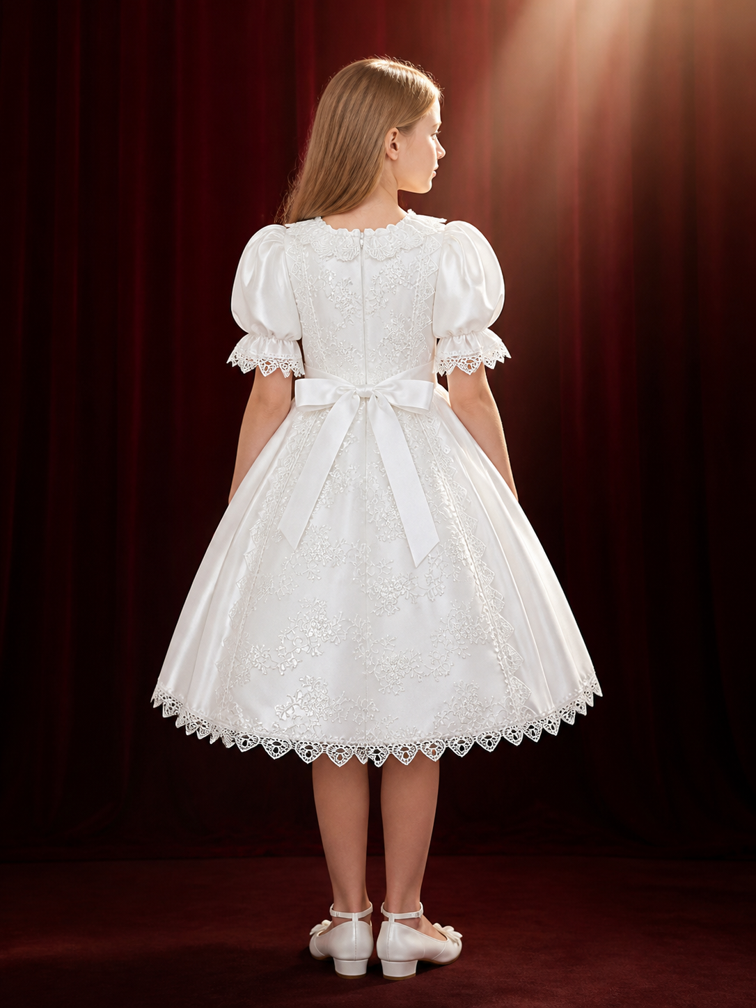 Baby Girls White Lace Princess Dress With Puff Sleeves And Bow Ribbons back view
