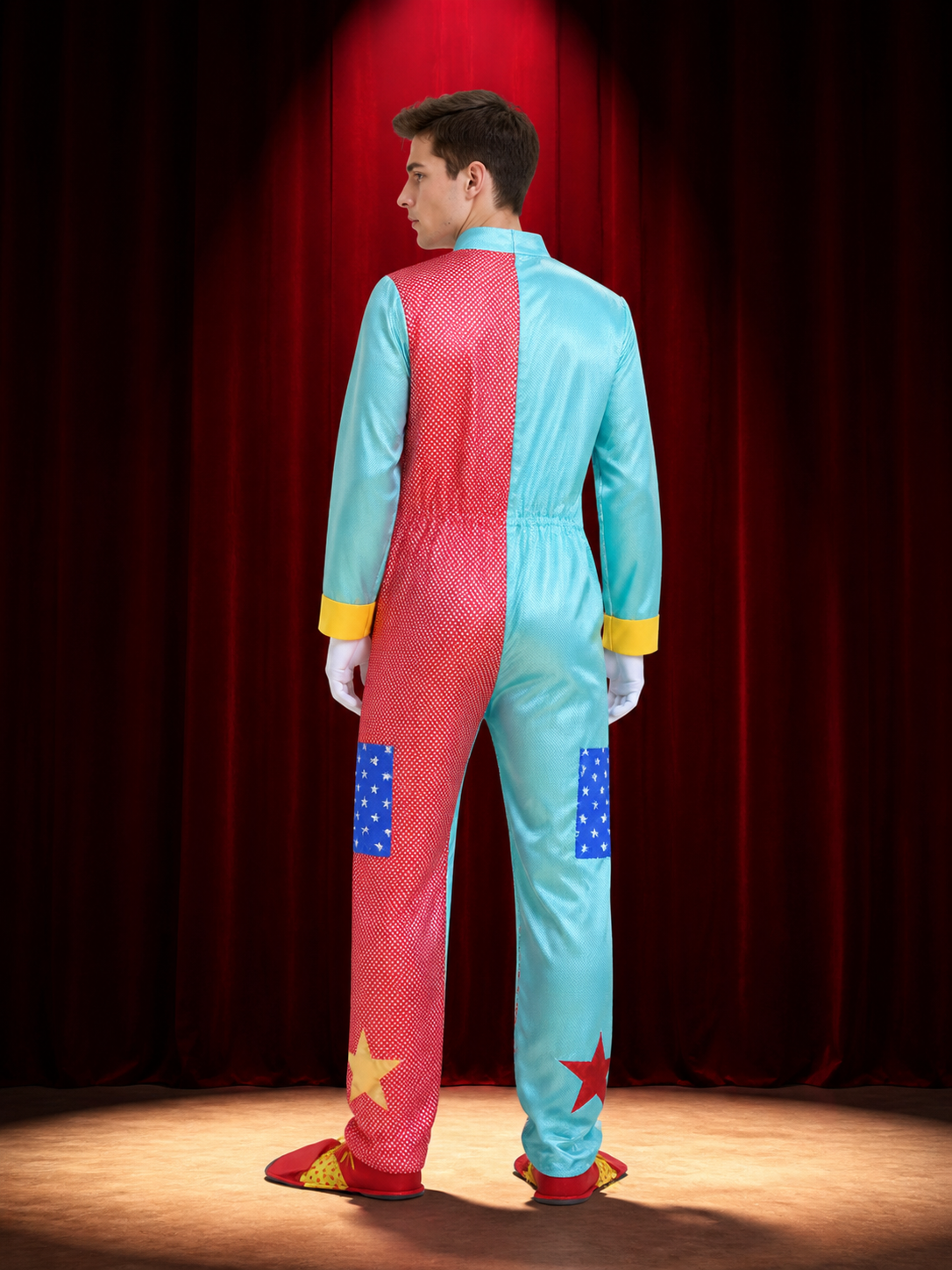 Unisex Adult Clown Jumpsuit Costume, Red and Blue Star Pattern with Bow Tie for back view