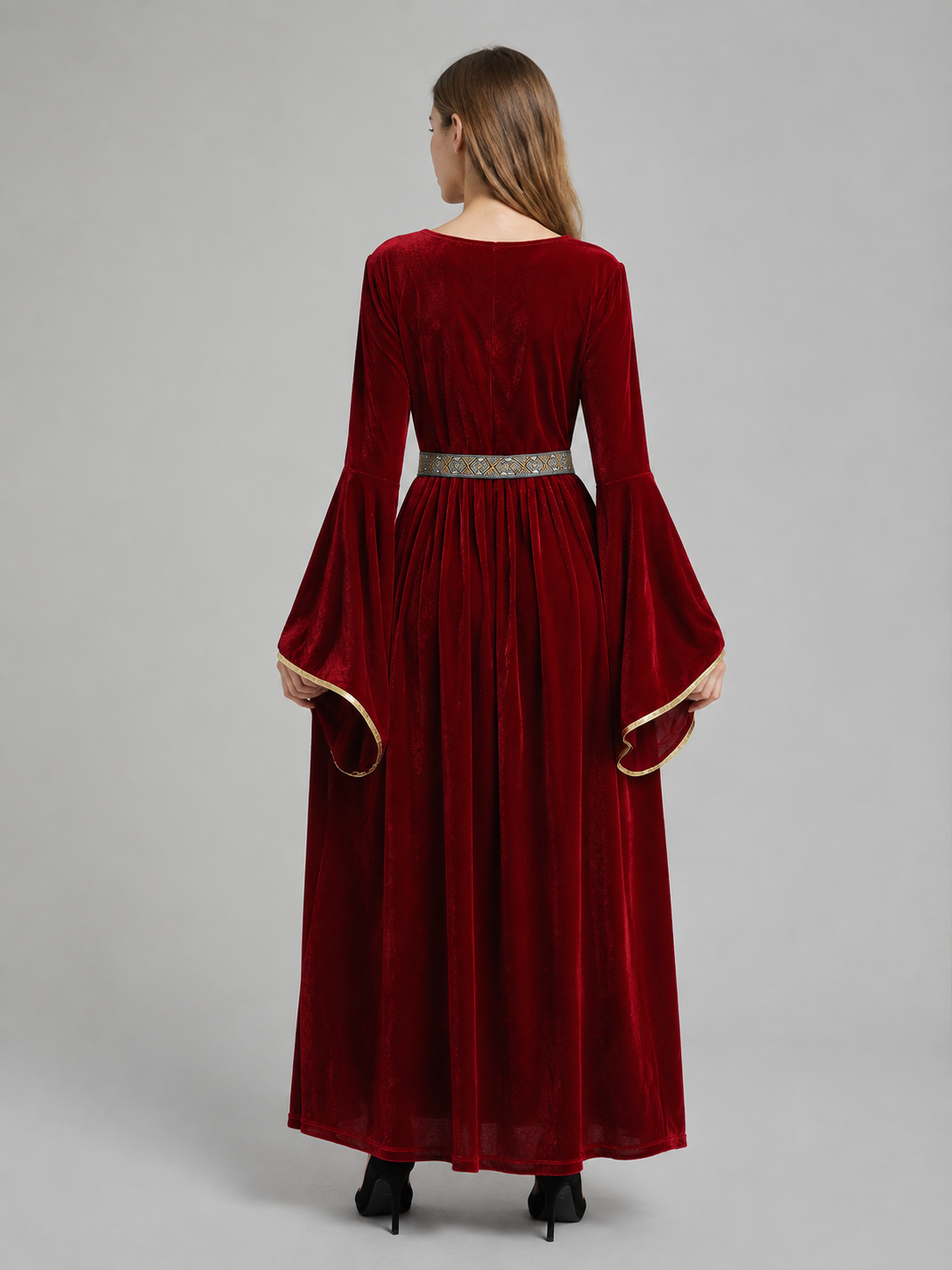 Burgundy Costume Dress with Belt and Embroidery back view