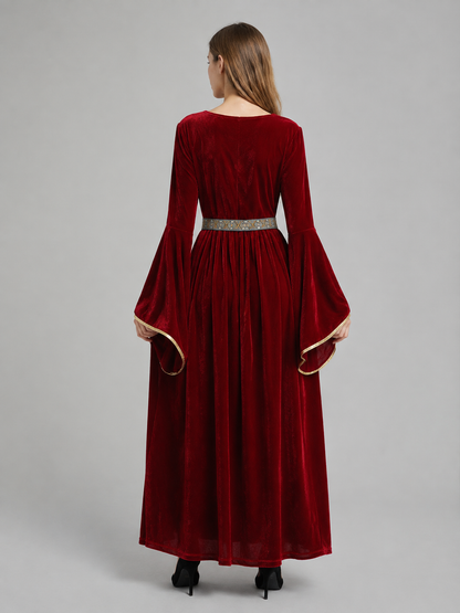 Burgundy Costume Dress with Belt and Embroidery back view
