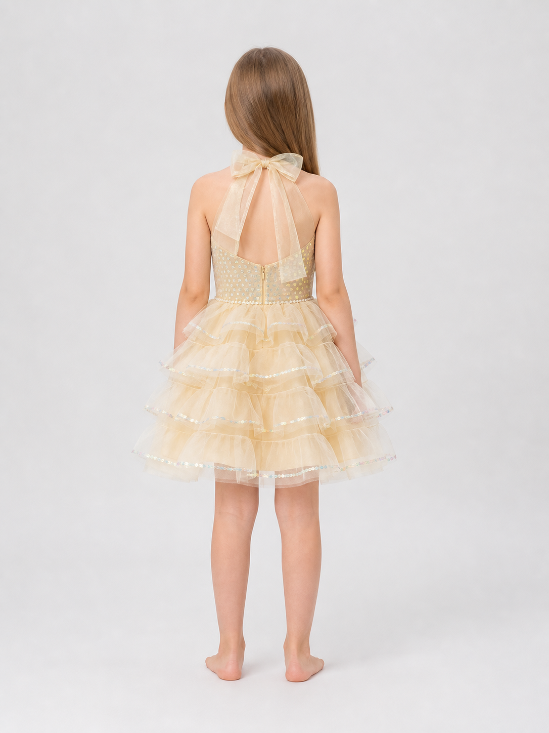 Full Dress with a Tiered Skirt and Pearl Embellishments back view
