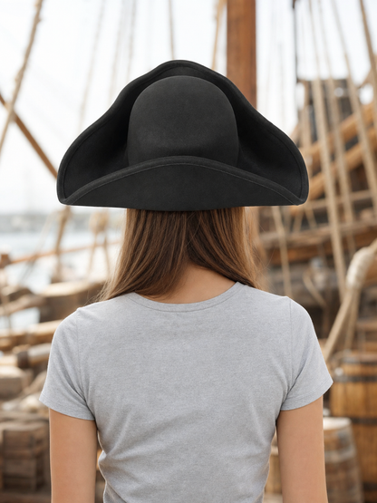 1pc Black Pirate Hat, Women's Three-Cornered Tricorn Costume Cap with Wide Curved Brim and Structured Crown for Cosplay, Halloween Parties and Themed Events