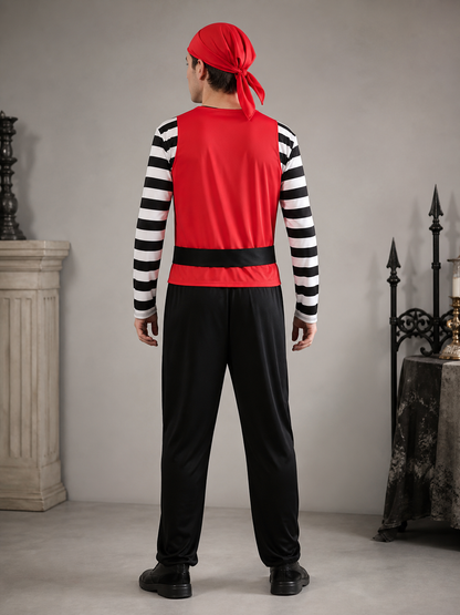 Kids Halloween Pirate Costume Set 4Pcs Red Bandana Striped Long Sleeve Vest Black Pants Toy Sword for Role Play Party