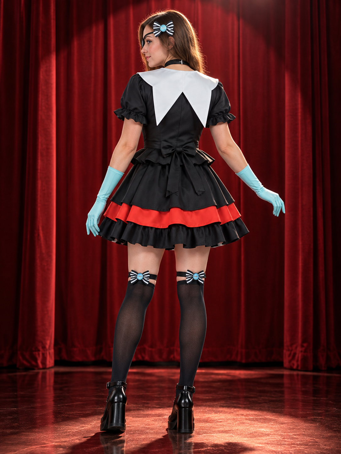 Cosplay costume with a white cape, black dress, and bows