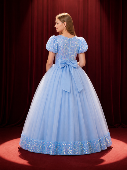 Baby Girls' Sky Blue Princess Dress, Sequined 3D Flower Puff Sleeve Tulle Gown back view