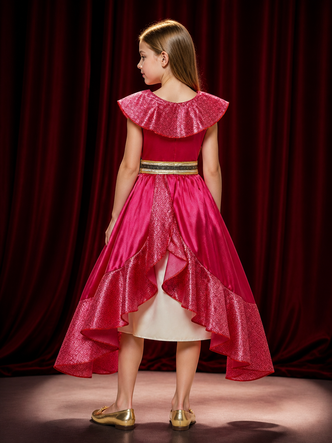 Girls' Pink Princess Costume Dress with Ruffle Collar and Gold Waistband for back view