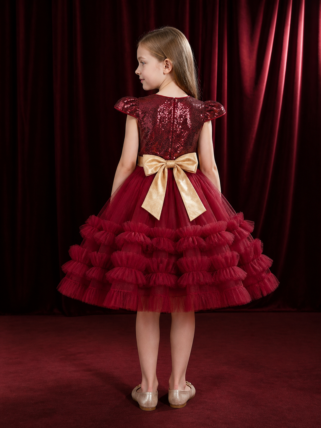 Girls' Dark Red Sequin Princess Dress with Layered Tulle Skirt and Puff Sleeves back view