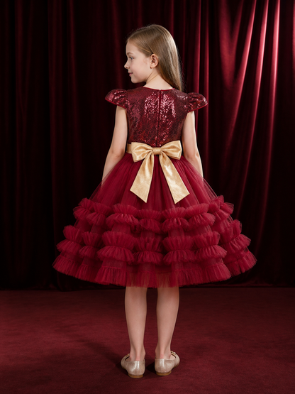 Girls' Dark Red Sequin Princess Dress with Layered Tulle Skirt and Puff Sleeves back view
