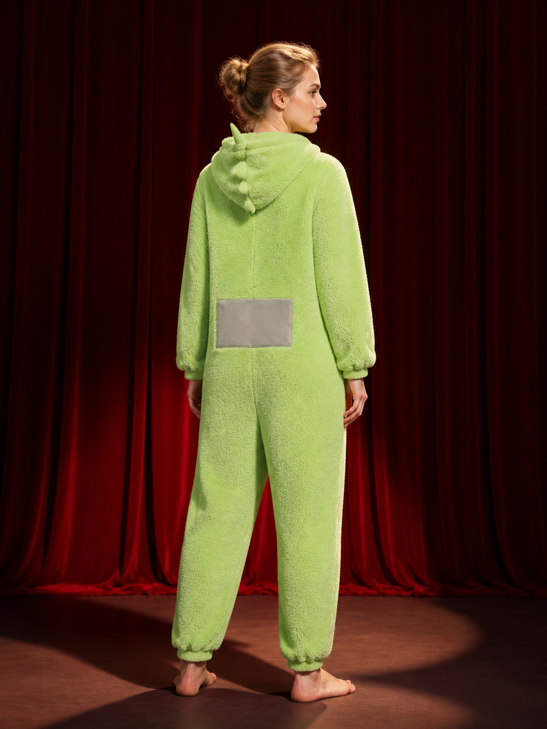 Adult Funny Cartoon Character Light Green Hooded Jumpsuit with Antenna and Gray back view
