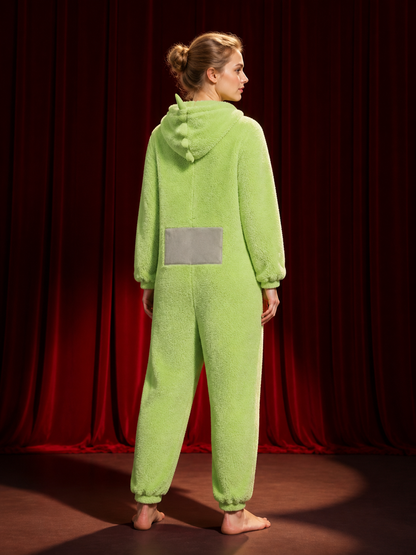 Adult Funny Cartoon Character Light Green Hooded Jumpsuit with Antenna and Gray back view