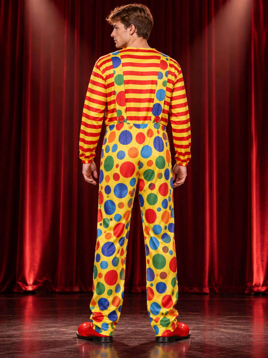 Adult Clown Costume Yellow with Polka Dots and Striped Sleeves