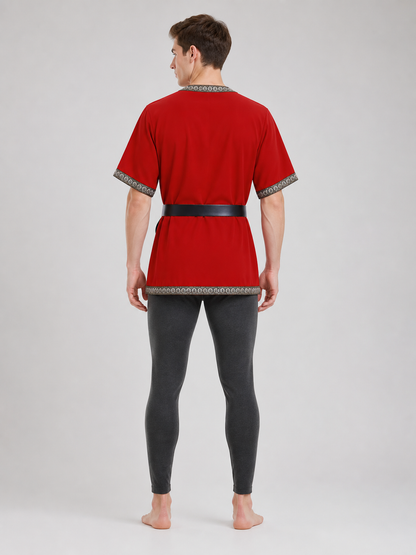 Red Tunic with Belt and Medieval-Style Trim