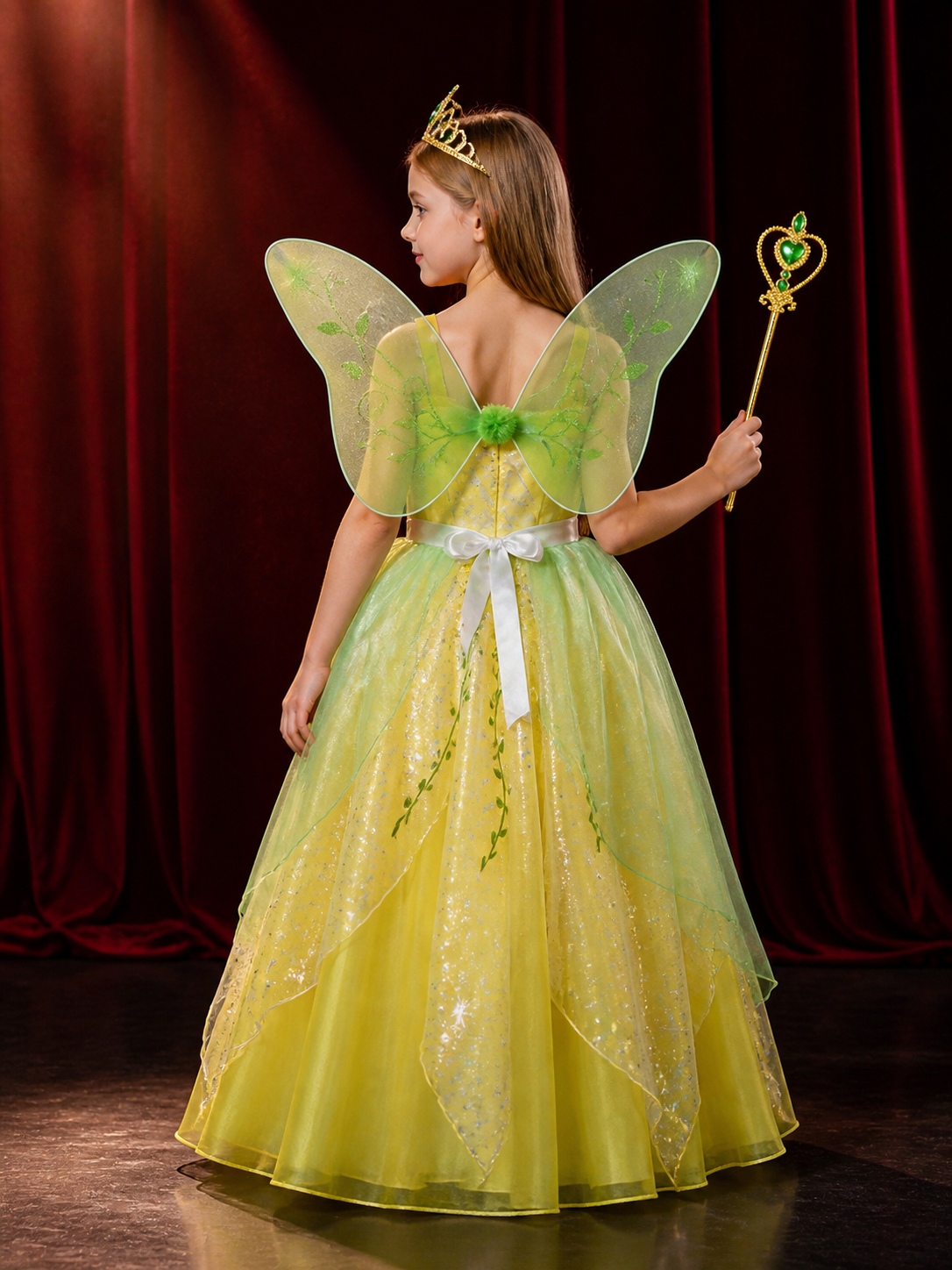 Girl's Fairy Costume Dress with Wings, Crown, and Magic Wand - Green Leaf Star back view