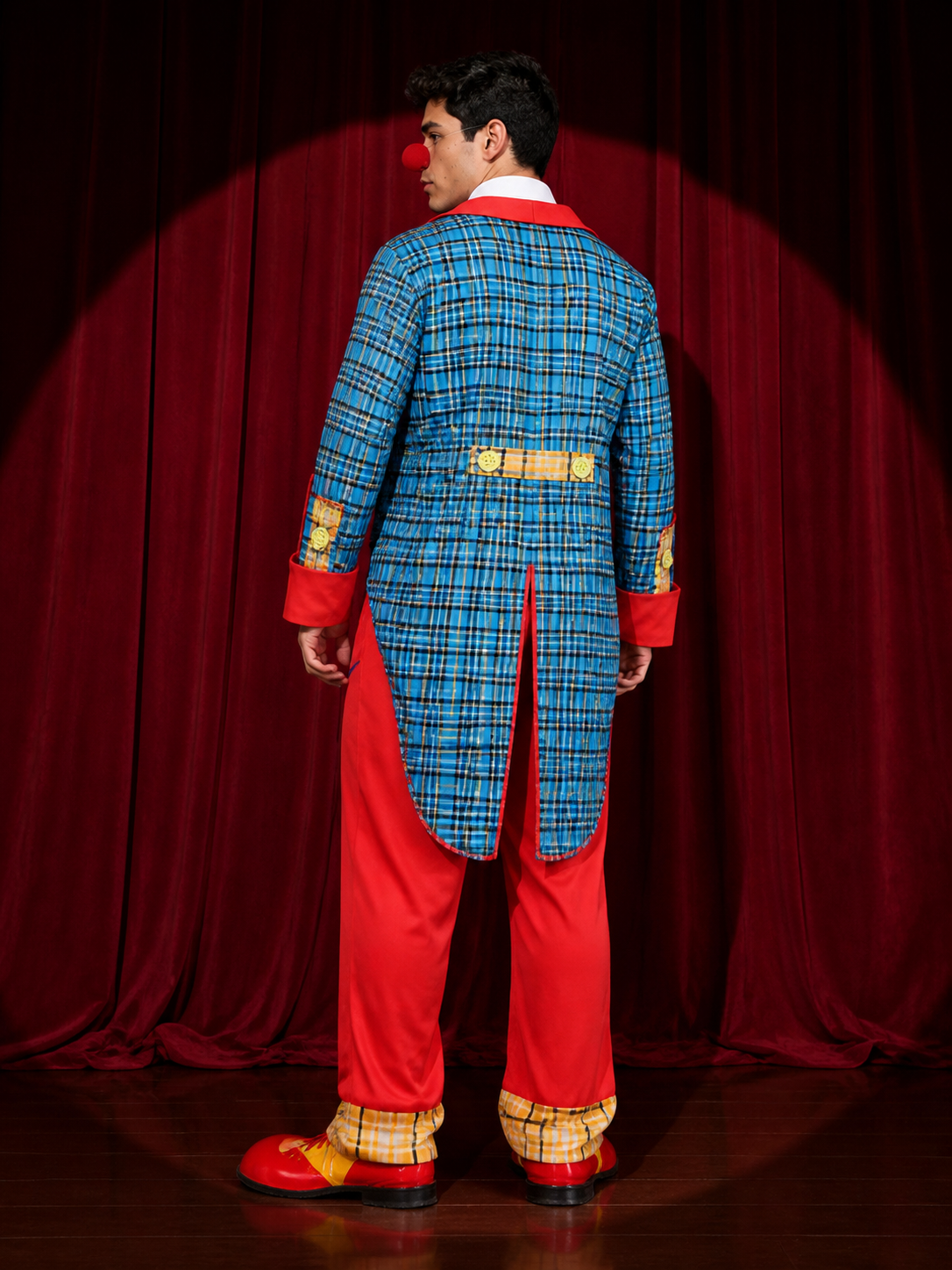 Unisex Clown Halloween Costume Set, Blue Checkered Coat with Red Trim, Matching back view