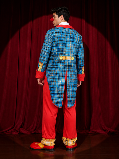 Unisex Clown Halloween Costume Set, Blue Checkered Coat with Red Trim, Matching back view