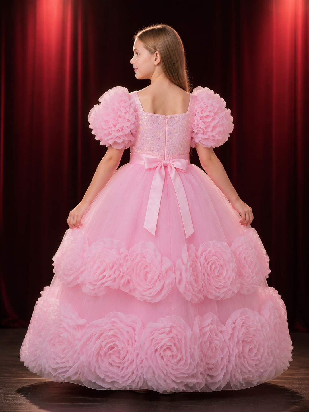 Baby Girls' Pink Princess Formal Dress with Sequins, Bow and Layered Ruffle back view