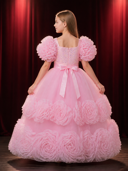 Baby Girls' Pink Princess Formal Dress with Sequins, Bow and Layered Ruffle back view