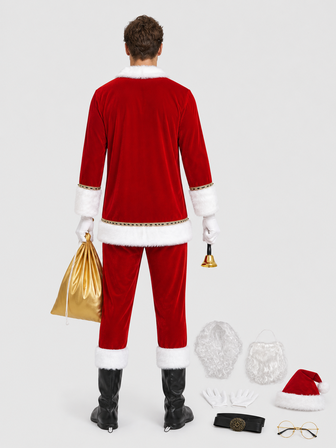 Santa Claus Costume with Hat, Beard, and Accessories back view