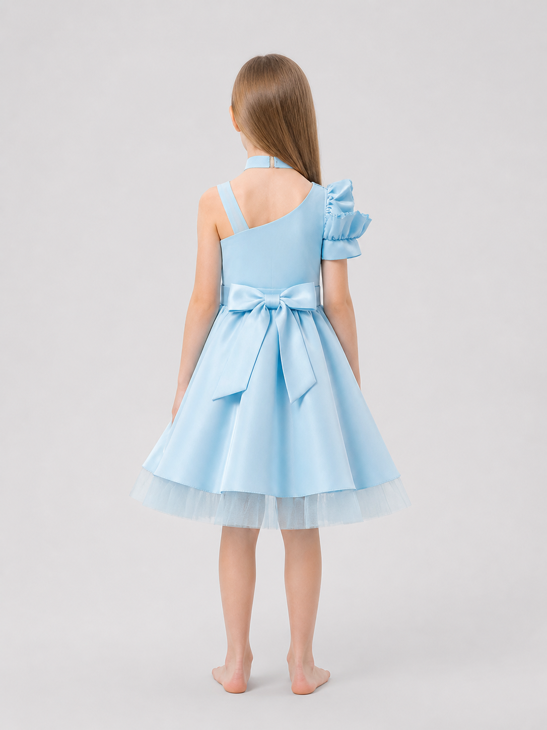 Blue Princess Dress for Girls with Rose and Choker back view