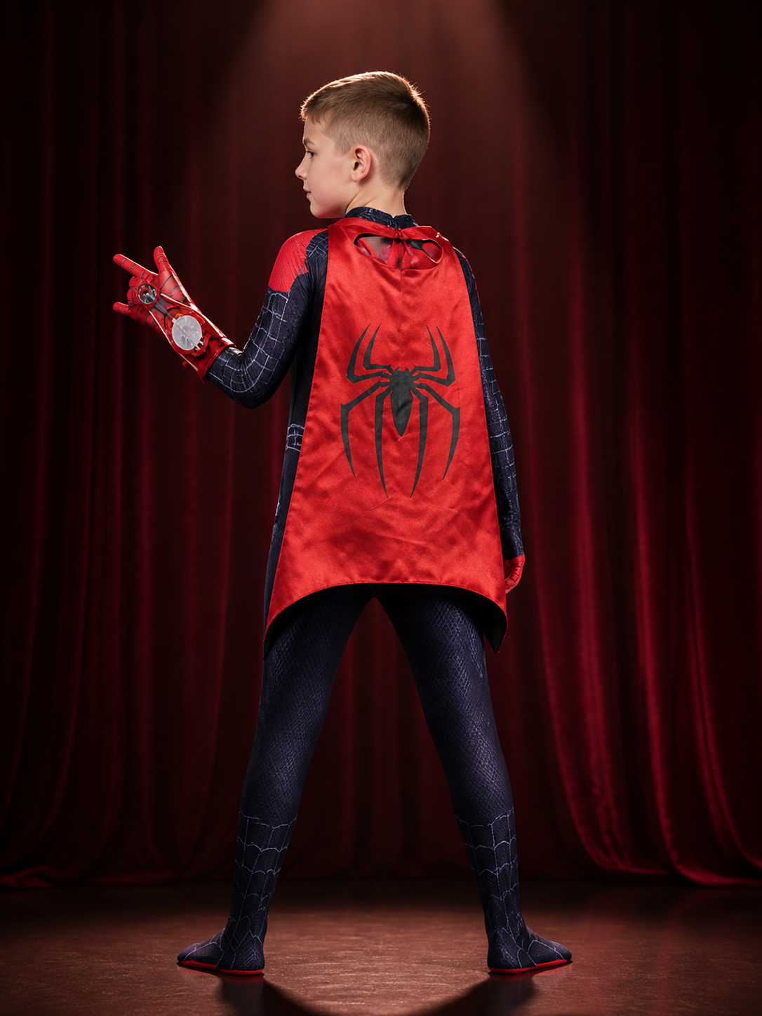 Kids' Black Spider-Man Bodysuit Costume With Mask, Cape And Web Shooters back view