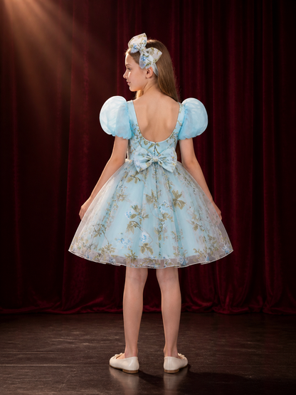 Girls' Floral Princess Party Dress With Puff Sleeves, Tulle Skirt & Bow Headband back view