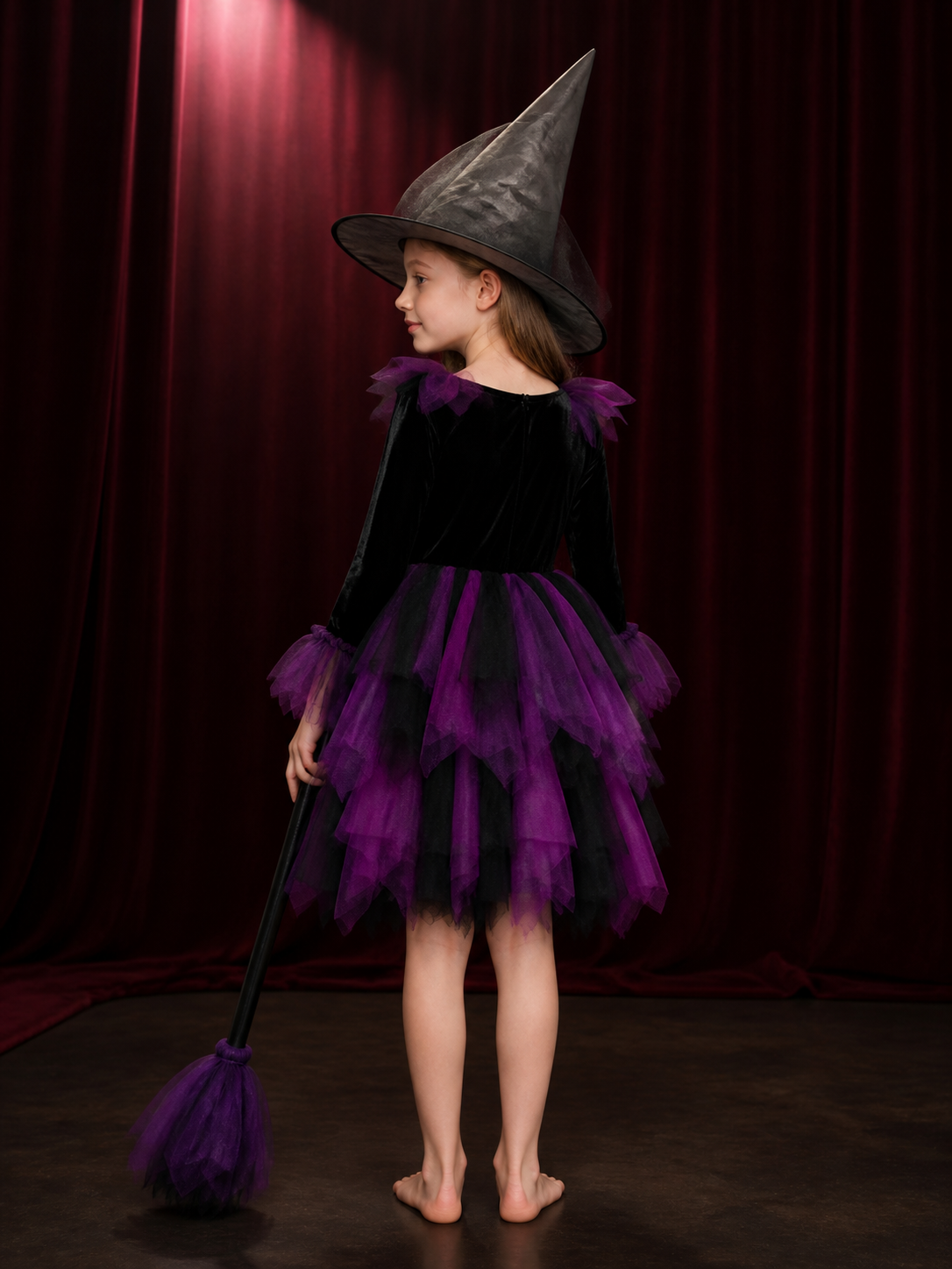 Women's Witch Costume Set, Black & Purple Layered Tulle Dress for Halloween back view