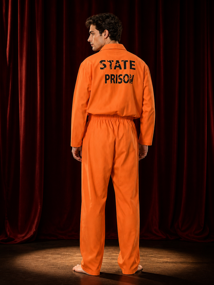 Prison Jumpsuit Costume, Orange Zippered Coveralls with State Prison Print for back view