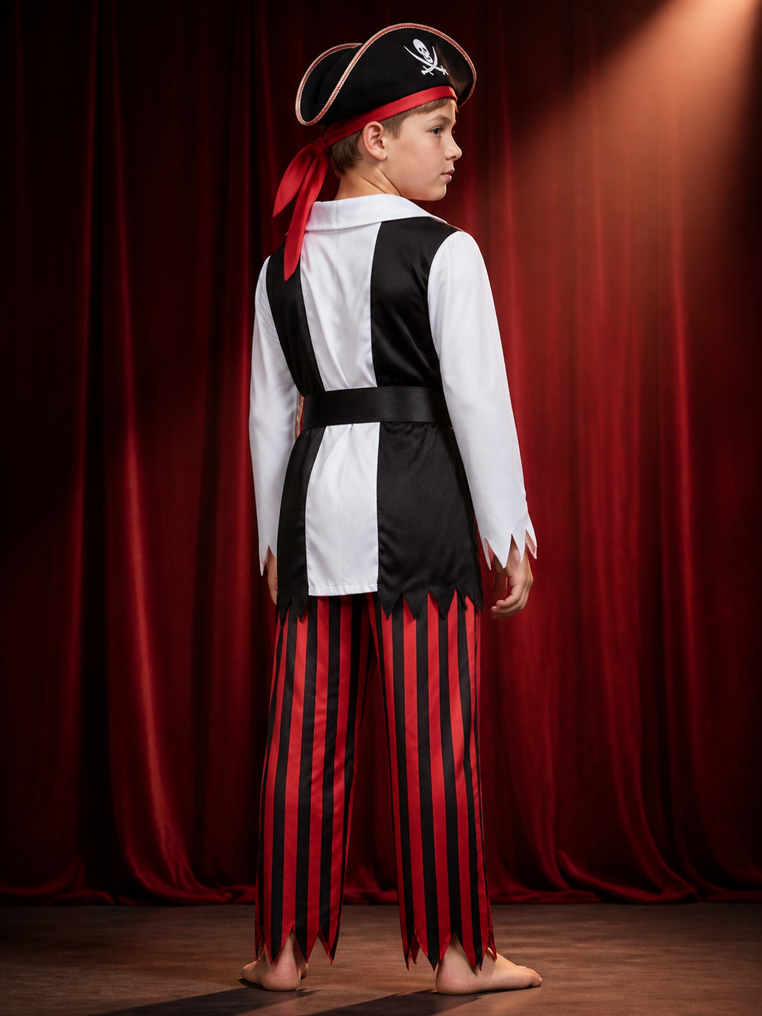 Boy's Pirate Costume Set with Skull and Crossbones Hat and Belt back view