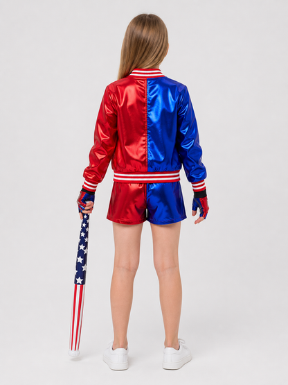 Harley Quinn Cosplay Costume: Jacket, Shorts, and Gloves back view