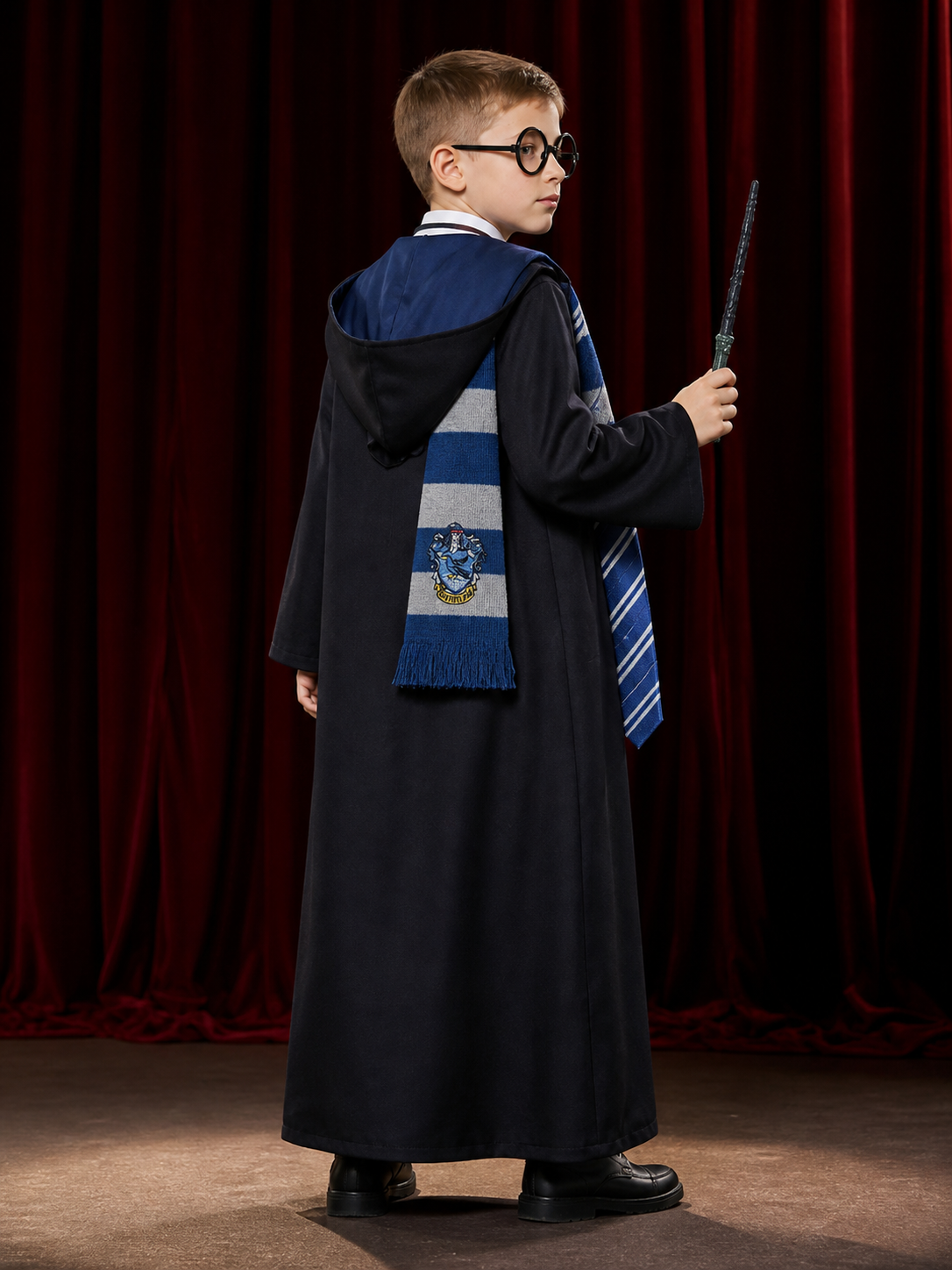 Children's Ravenclaw Wizard Robe Costume Set with Tie, Scarf, Glasses and Wand back view