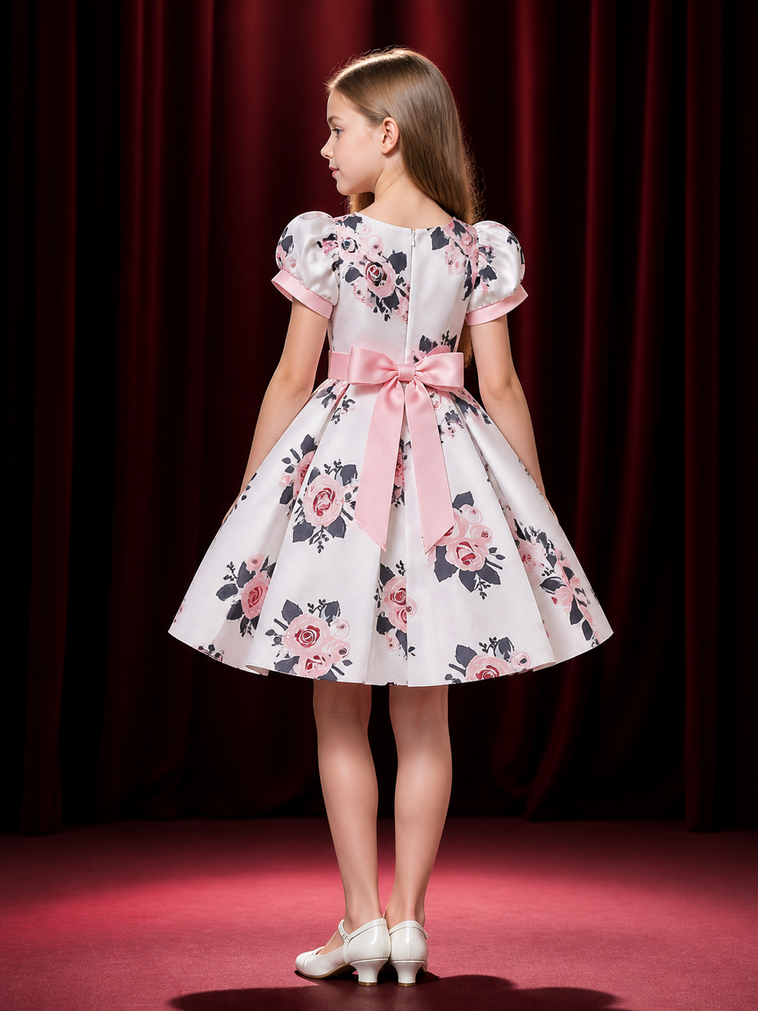 Girls' Princess Dress, White Floral Gown with Puff Sleeves and Pink Waist Belt back view