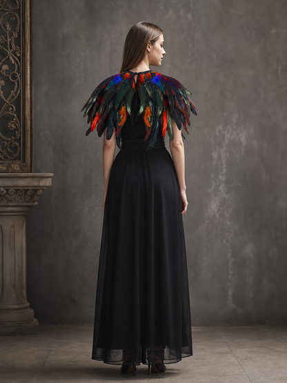 Wide Rainbow Feather Cape, Halloween Costume Shoulder Wrap for Cosplay Stage Performance, Multi-Layer Feather Trim, Neck Tie, Colorful Fringe