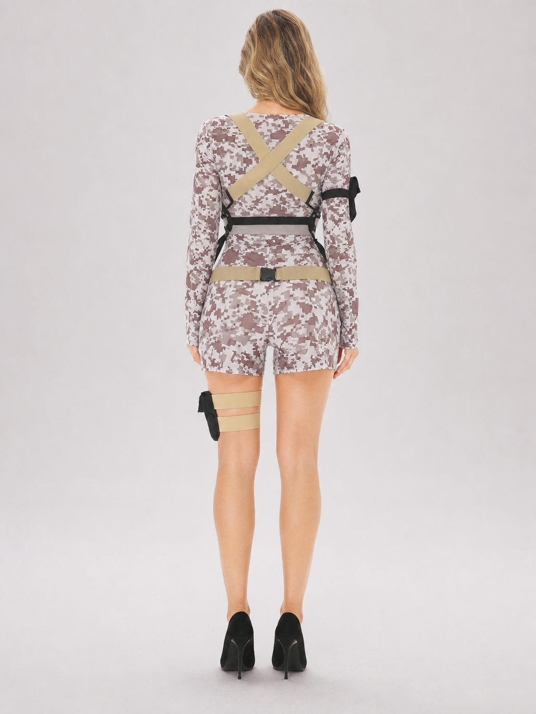 This tactical-style romper with shorts is suitable for creating a pilot look, stage costume, or outfit for a themed party or Halloween. The design combines long sleeves with short legs, while digital camouflage covers the sleeves, upper sec