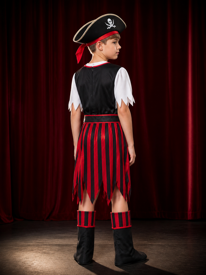 Boys Pirate Halloween Costume Set with Tricorn Hat, Headscarf & Boot Covers back view